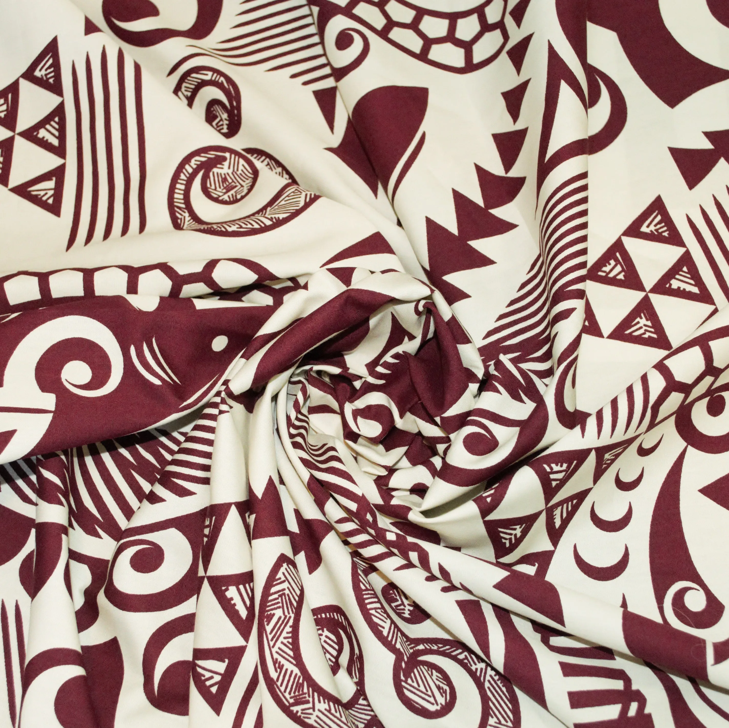 Polynesian Tapa Sharks Burgandy on Ecru