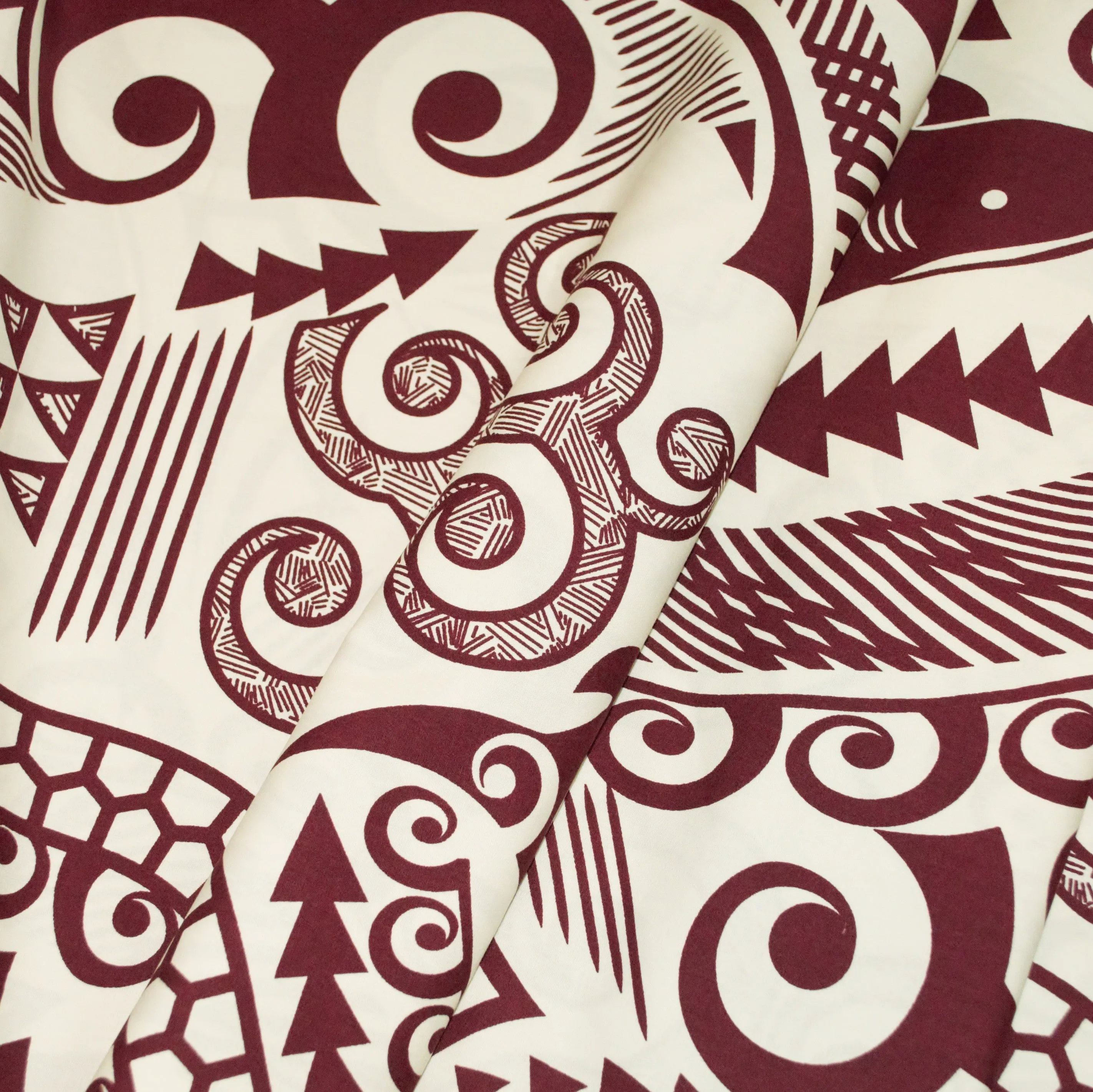 Polynesian Tapa Sharks Burgandy on Ecru