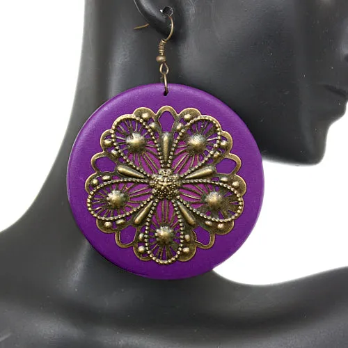 Purple Wooden Round Antique Filigree Earrings