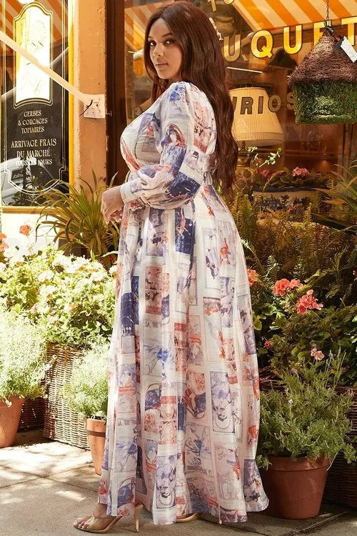 "MARTHA" RENAISSANCE PRINT V-NECK MAXI DRESS (PLUS SIZE)