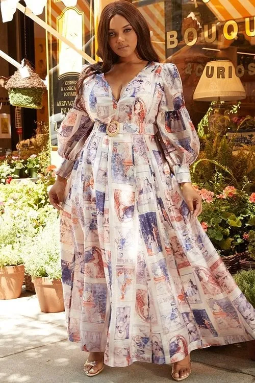 "MARTHA" RENAISSANCE PRINT V-NECK MAXI DRESS (PLUS SIZE)