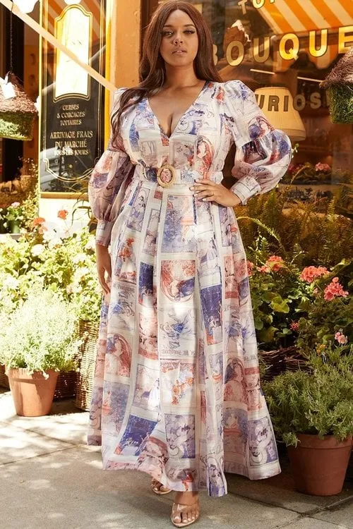 "MARTHA" RENAISSANCE PRINT V-NECK MAXI DRESS (PLUS SIZE)