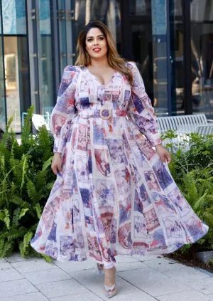 "MARTHA" RENAISSANCE PRINT V-NECK MAXI DRESS (PLUS SIZE)