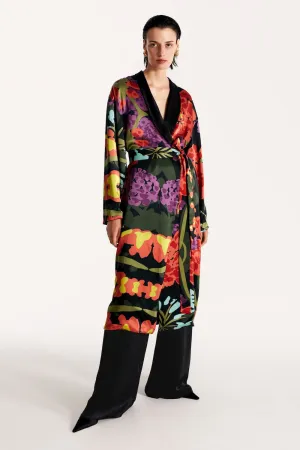 Reversible midi silk robe featuring a relaxed fit in floral black/black