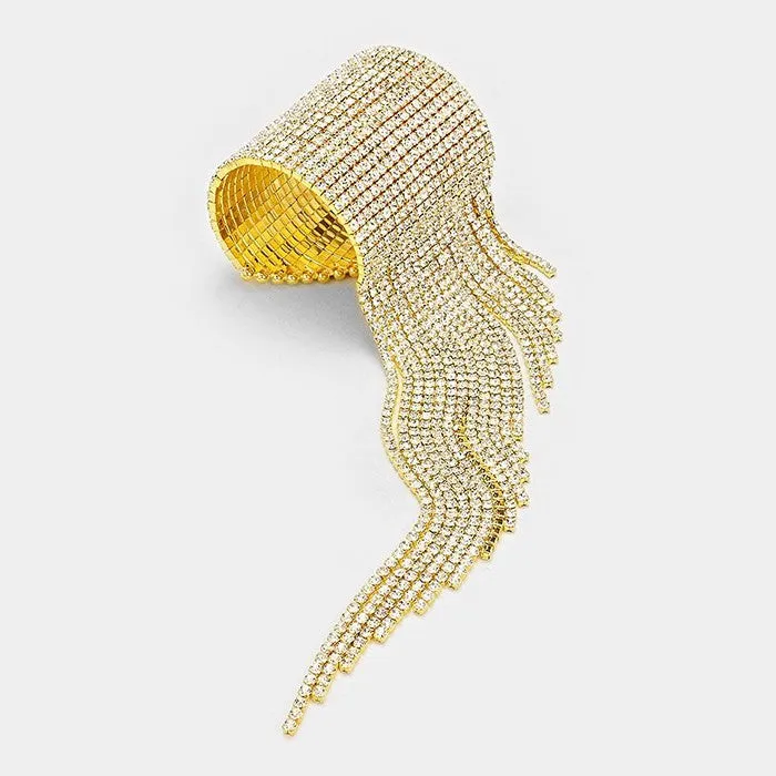 Rhinestone Fringe Open Pageant Bracelet on Gold | Rhinestone Bracelet | 282810