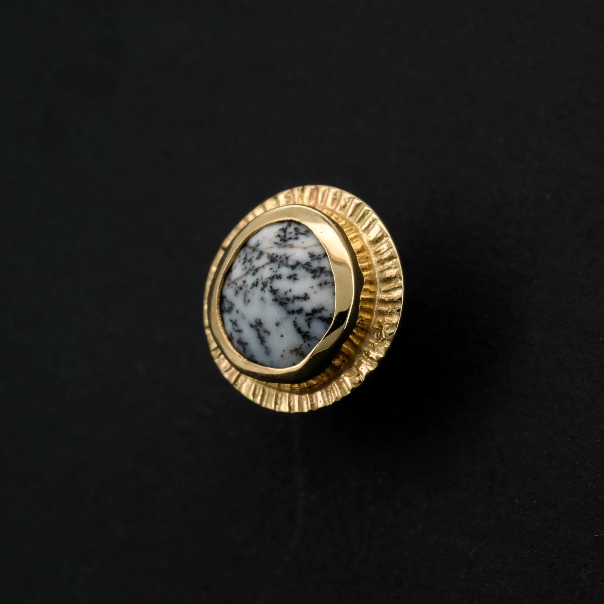 Rose Cut Dendritic Opal and Yellow Gold "Sunrise" - Threaded End - 14ga