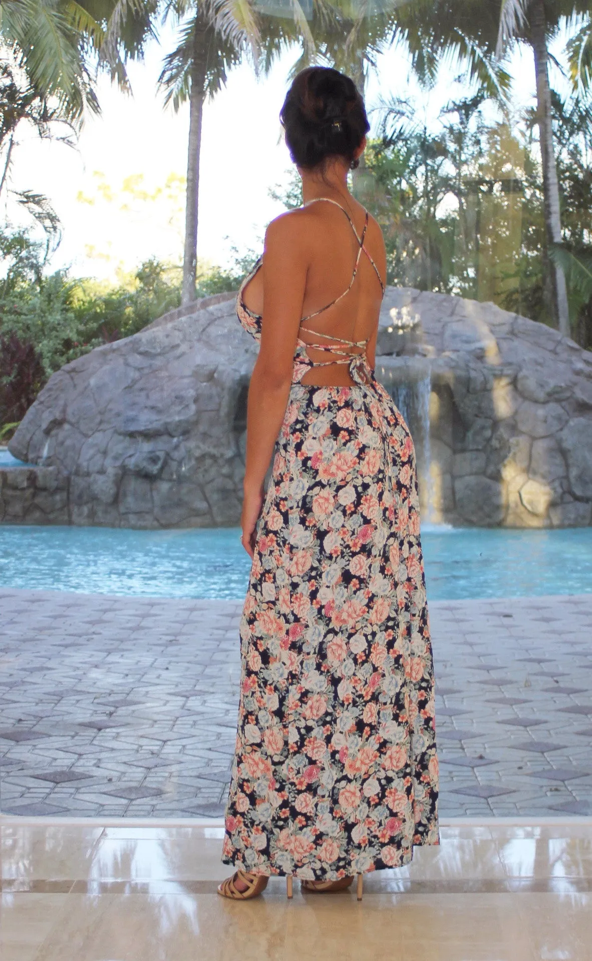 Rose Floral Maxi with Crisscross Back - Navy Blue