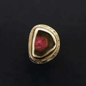 Rough Watermelon Tourmaline and Yellow Gold "Sandman" - Threaded End - 14ga