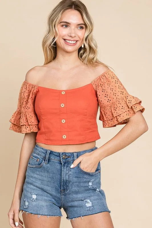 Ruffle Eyelet Sleeved Top