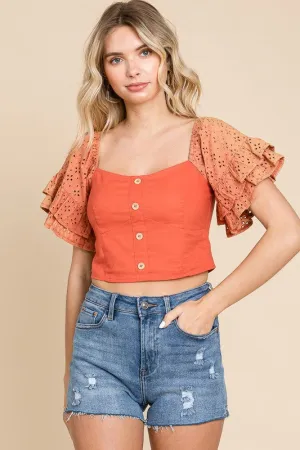 Ruffle Eyelet Sleeved Top