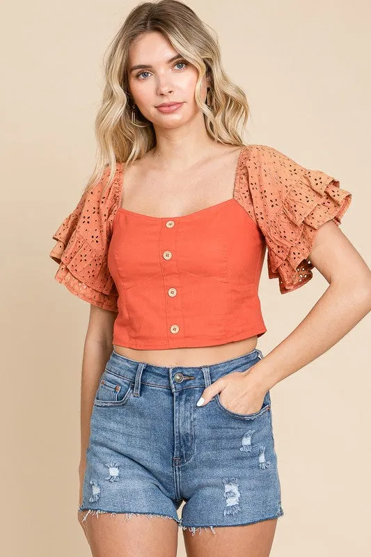 Ruffle Eyelet Sleeved Top