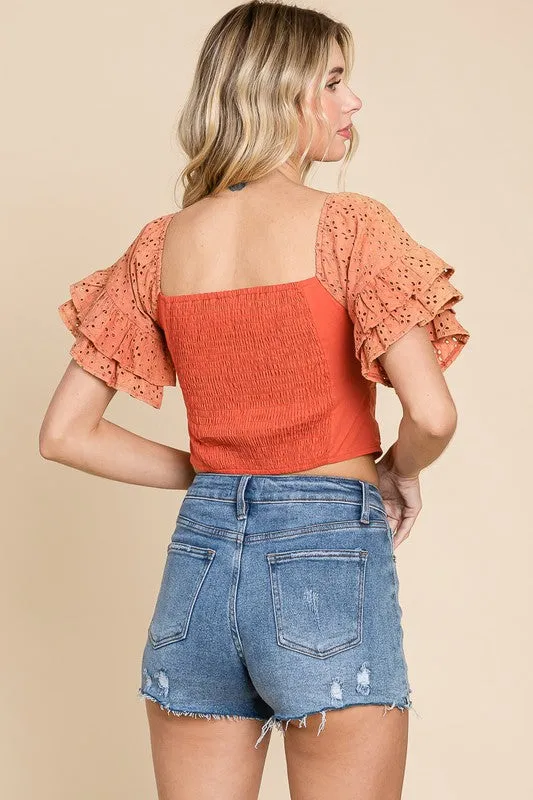Ruffle Eyelet Sleeved Top