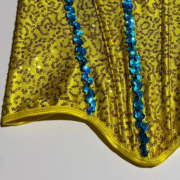 Satin Yellow with Gold &amp; Blue Sequins Corset Top Small