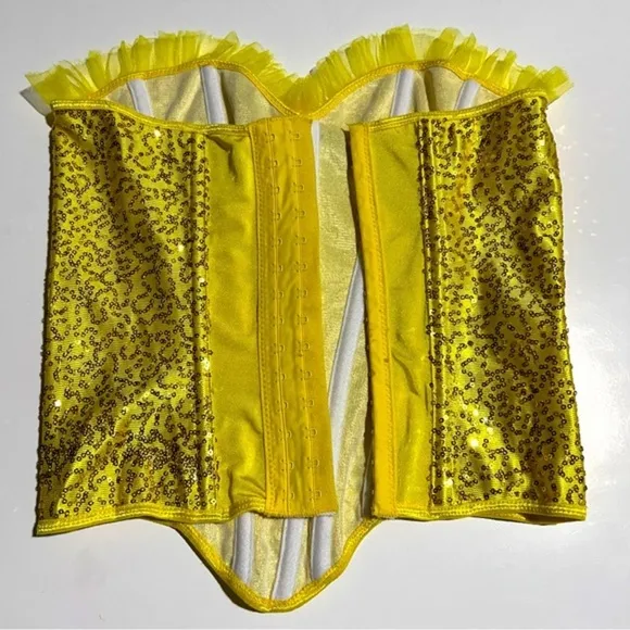 Satin Yellow with Gold &amp; Blue Sequins Corset Top Small