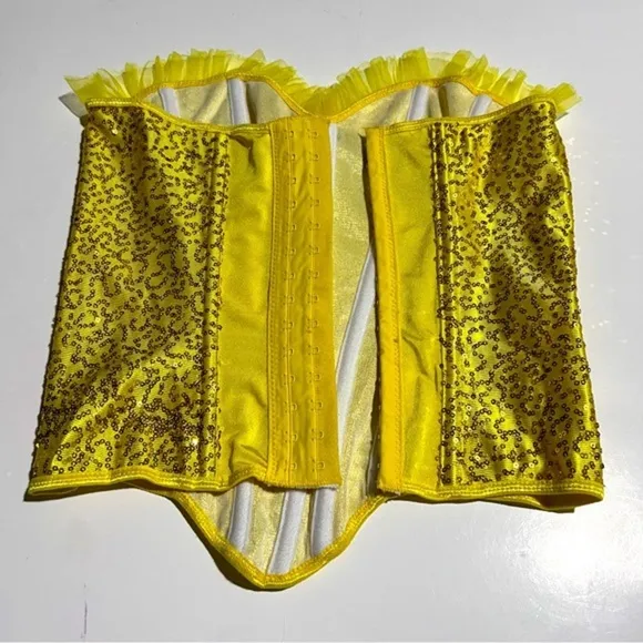 Satin Yellow with Gold &amp; Blue Sequins Corset Top Small