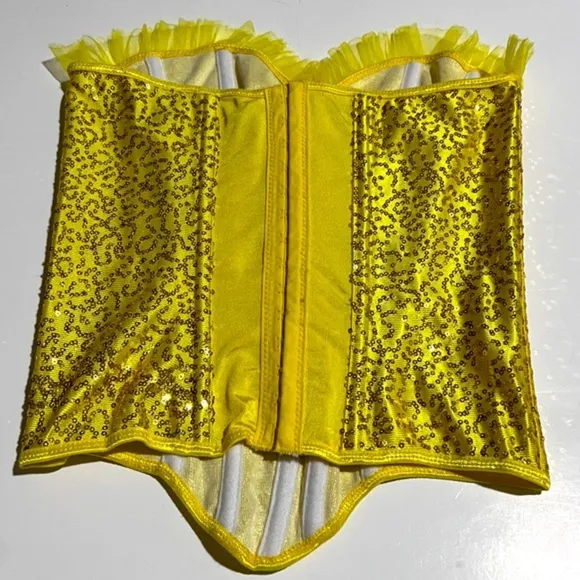 Satin Yellow with Gold &amp; Blue Sequins Corset Top Small
