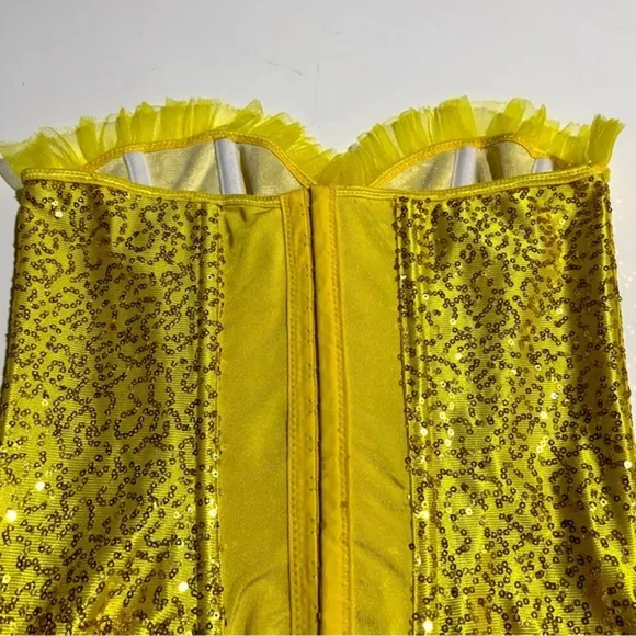 Satin Yellow with Gold &amp; Blue Sequins Corset Top Small