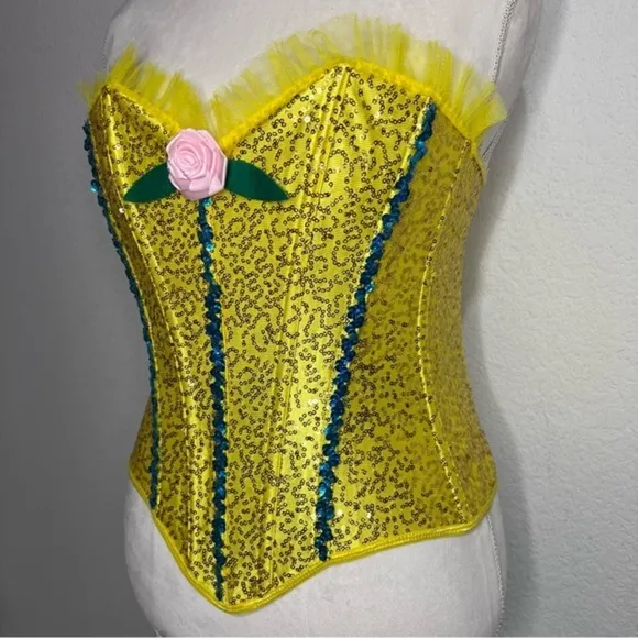 Satin Yellow with Gold &amp; Blue Sequins Corset Top Small