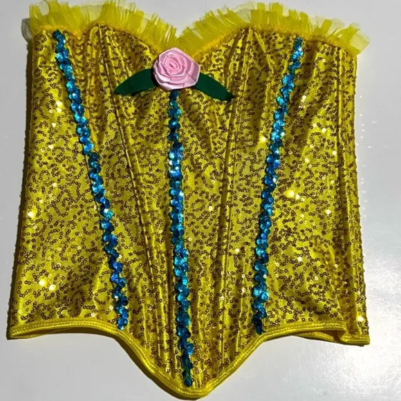 Satin Yellow with Gold &amp; Blue Sequins Corset Top Small