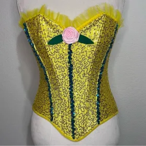 Satin Yellow with Gold &amp; Blue Sequins Corset Top Small