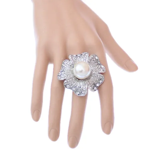 Silver Large Faux Pearl Floral Adjustable Ring