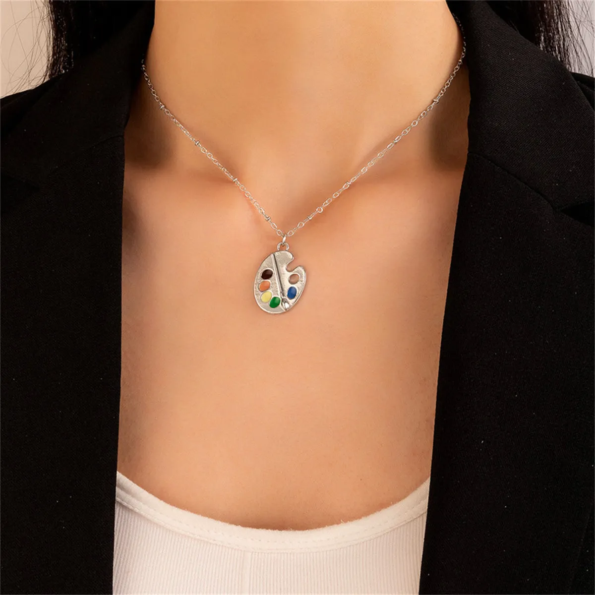 Silver-Plated Multicolor Paint Palette Pendant Necklace