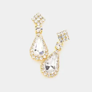 Small Clear Teardrop Rhinestone Accented Dangle Earrings on Gold | Earrings for Little Girls|  585551