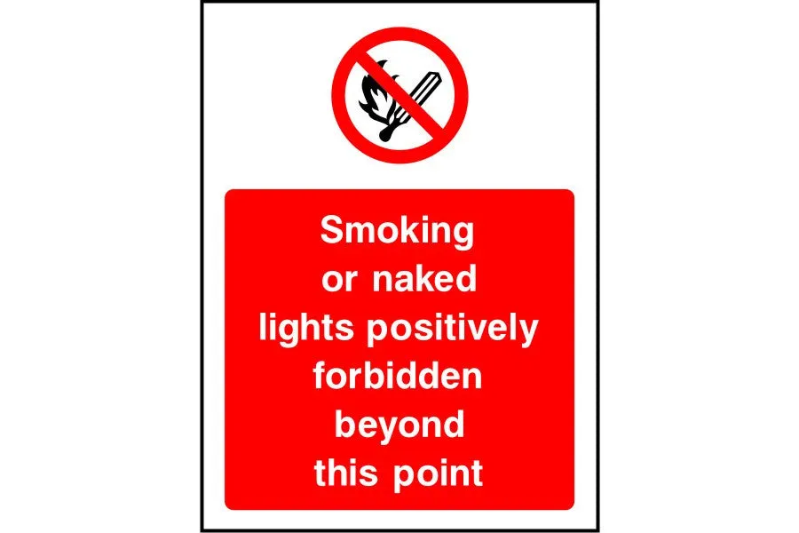 Smoking or naked lights positively forbidden beyond this point sign