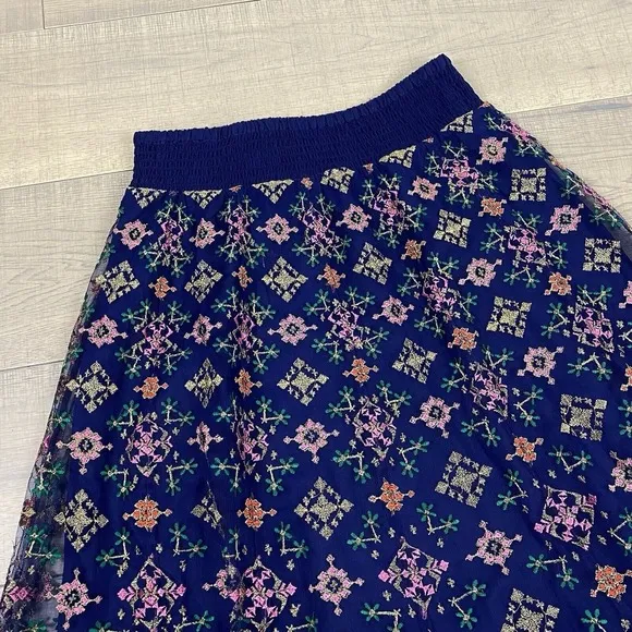 Soft Surroundings Maxi Skirt Womens Size S Blue Embroidered Endless Night Navy