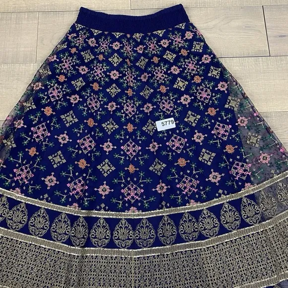 Soft Surroundings Maxi Skirt Womens Size S Blue Embroidered Endless Night Navy