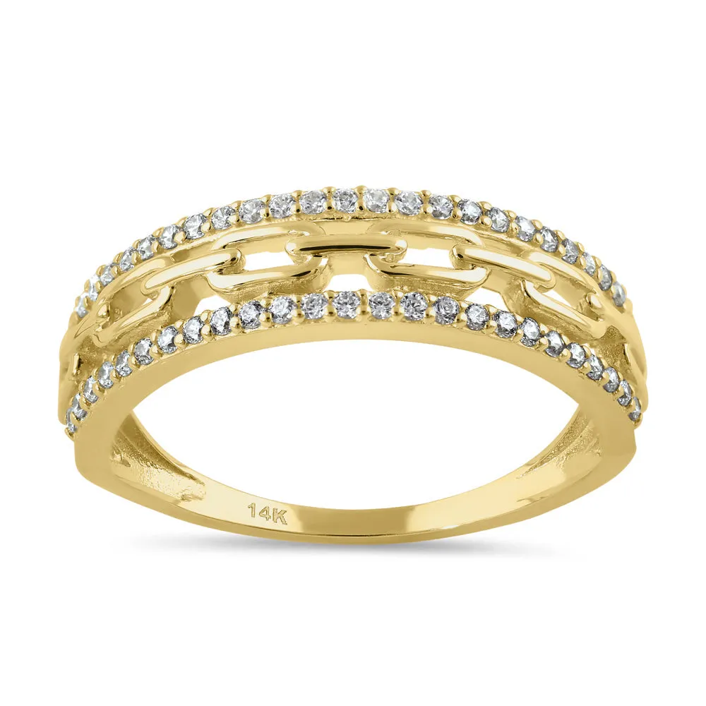 Solid 14K Gold Trendy Chain CZ Ring