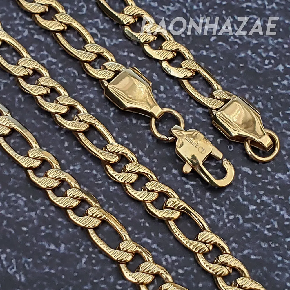 Stainless Steel Frosted Figaro 14k Yellow Gold Plated 5mm 20", 24", 30" Necklace