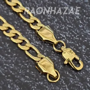 Stainless Steel Frosted Figaro 14k Yellow Gold Plated 5mm 20", 24", 30" Necklace