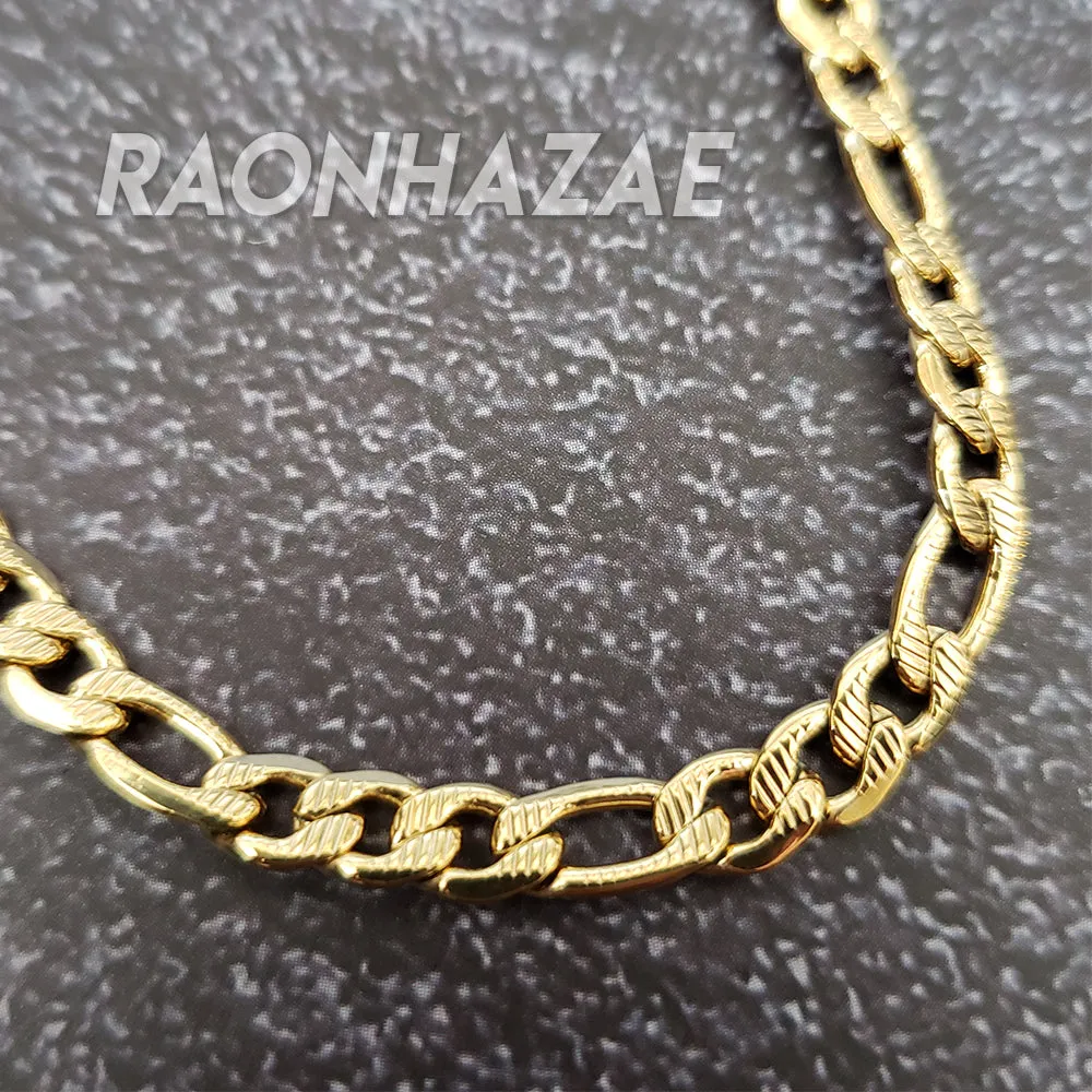 Stainless Steel Frosted Figaro 14k Yellow Gold Plated 5mm 20", 24", 30" Necklace