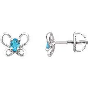 Sterling Silver 4x3 mm Oval March Youth Butterfly Birthstone Earrings