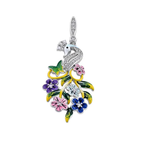 Sterling Silver Hand-Painted Swan and Flowers CZ Pendant