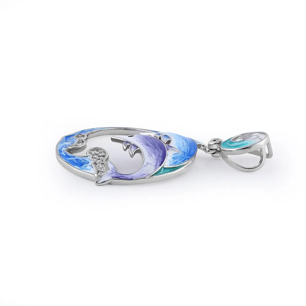 Sterling Silver Hand-Painted Twin Dolphin CZ Pendant
