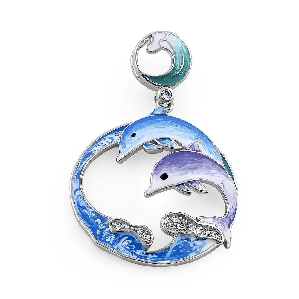 Sterling Silver Hand-Painted Twin Dolphin CZ Pendant