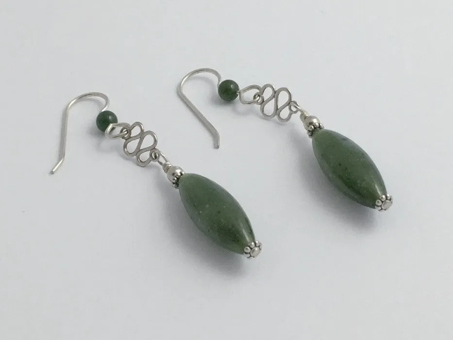 Sterling Silver  tiny swirl with jade dangle Earrings-elegant, 2 1/4 inches long