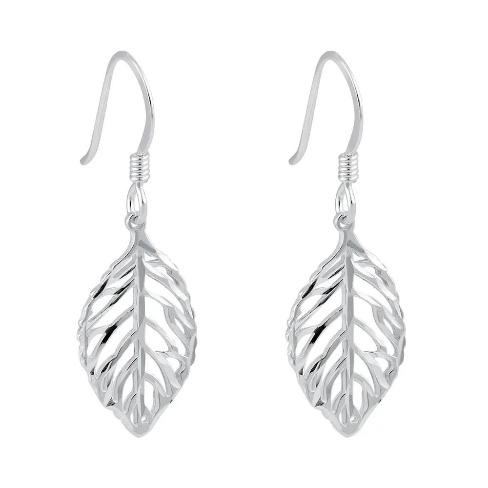 Sterling Silver Trendy Leaf Dangle Earrings