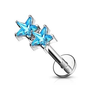 Surgical Steel Double Star Blue CZ Internally Threaded Flat Back Labret