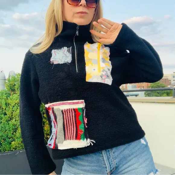 TENTH Patches Wool Teddy Zip Up High Neck Dopamine Rainbow Crystals Sweater