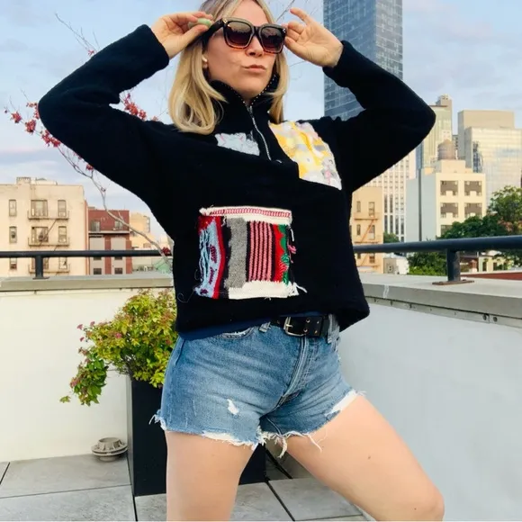 TENTH Patches Wool Teddy Zip Up High Neck Dopamine Rainbow Crystals Sweater