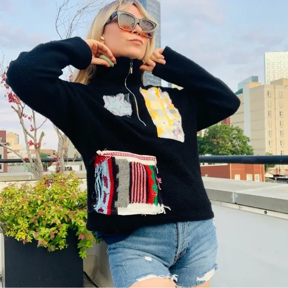 TENTH Patches Wool Teddy Zip Up High Neck Dopamine Rainbow Crystals Sweater
