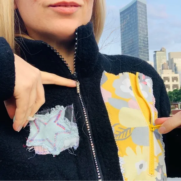 TENTH Patches Wool Teddy Zip Up High Neck Dopamine Rainbow Crystals Sweater