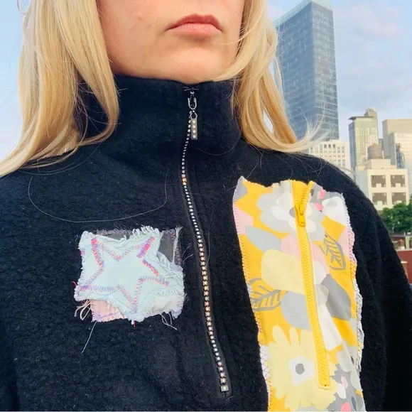 TENTH Patches Wool Teddy Zip Up High Neck Dopamine Rainbow Crystals Sweater