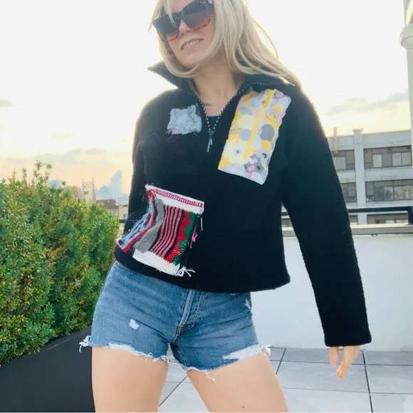 TENTH Patches Wool Teddy Zip Up High Neck Dopamine Rainbow Crystals Sweater
