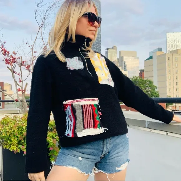 TENTH Patches Wool Teddy Zip Up High Neck Dopamine Rainbow Crystals Sweater