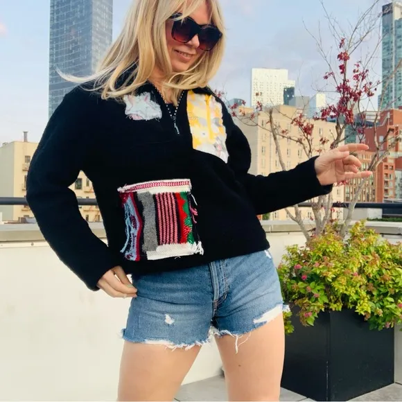 TENTH Patches Wool Teddy Zip Up High Neck Dopamine Rainbow Crystals Sweater