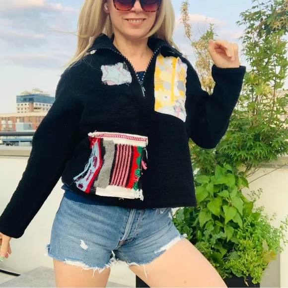 TENTH Patches Wool Teddy Zip Up High Neck Dopamine Rainbow Crystals Sweater
